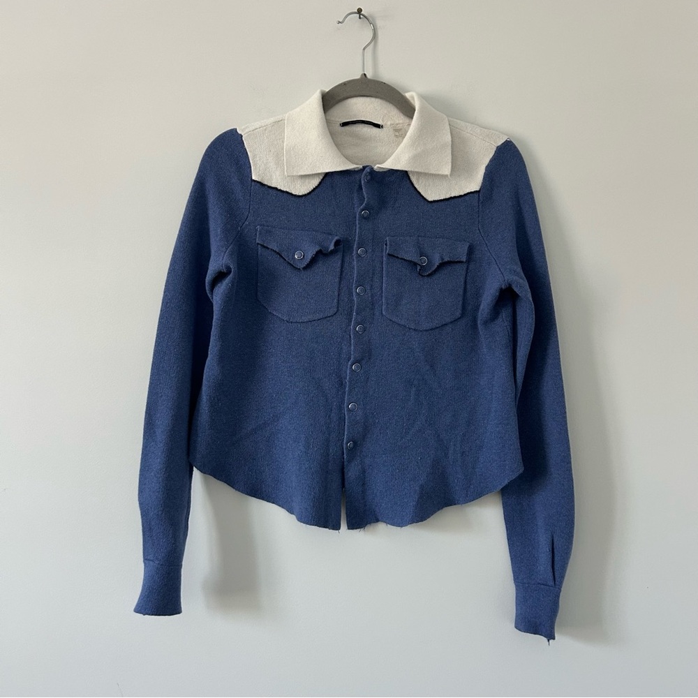 Brazeau Tricot Blue White Snap Button Long Sleeve Cashmere Western Boho Sweater